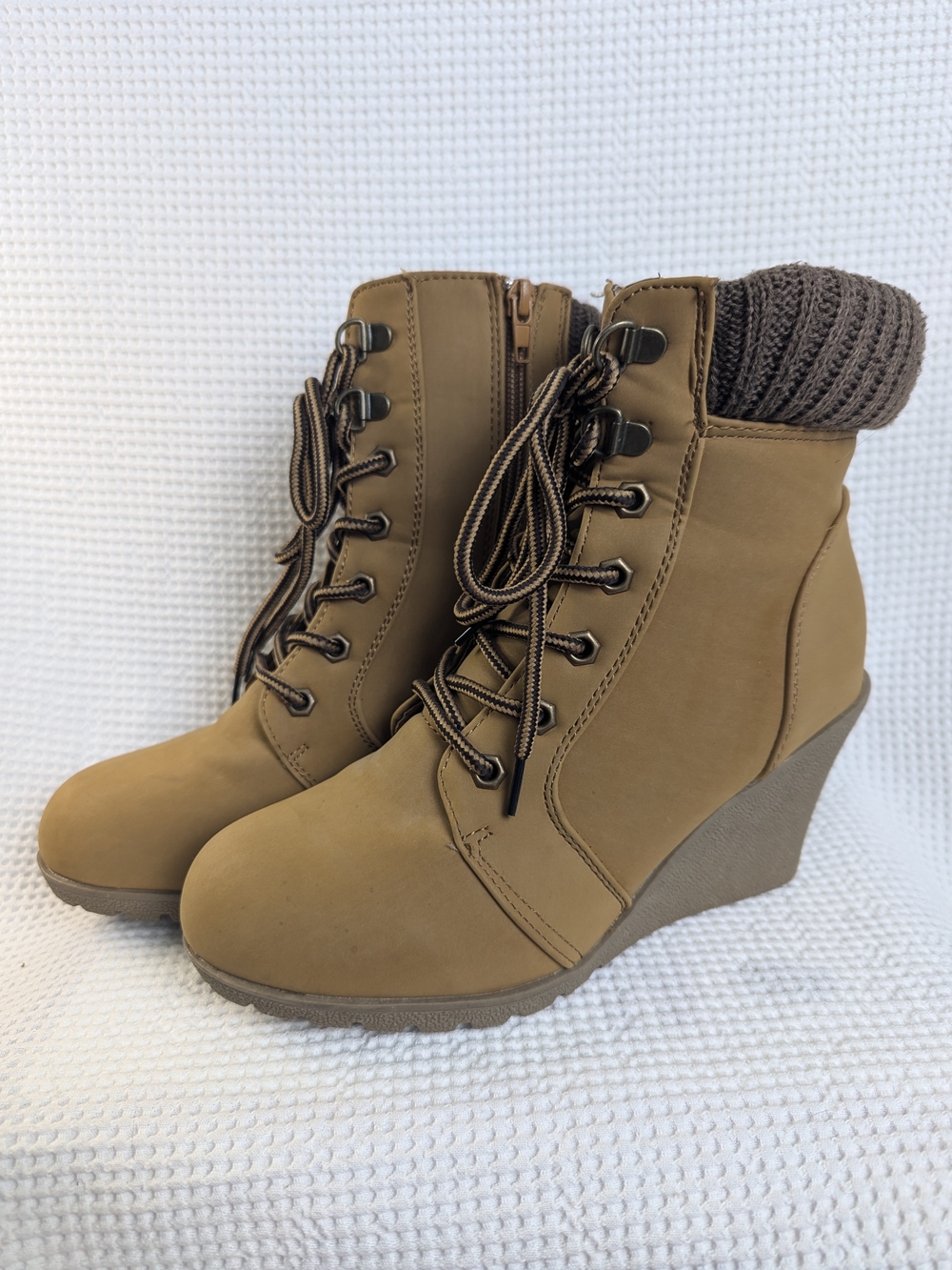 Ardene Tan Lace-Up Wedge Hiking Style Ankle Boots with Knit Cuff